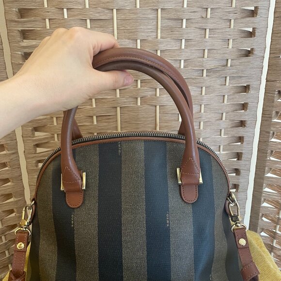 Pre-loved Vintage Fendi Pequin Brown Striped Coated Canvas Top-Handle Dome Bag - Picture 6 of 16